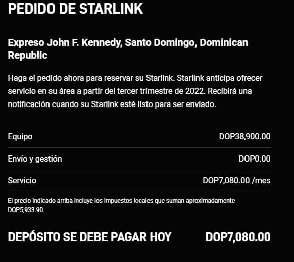 Tabla de precios del servicio Starlink en República Dominicana. (FUENTE EXTERNA)