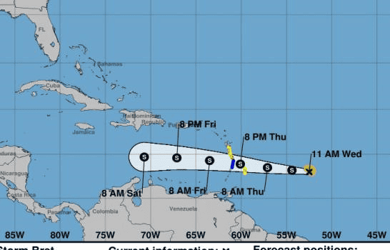 Tormenta tropical Bret sigue ruta a las Antillas Menores; el sábado se ubicará al sur de RD